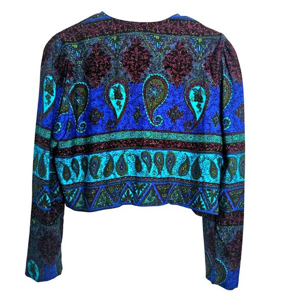 Vintage Karin Stevens Cropped Button Top Blazer Paisley Teal Gold Office Indie - Picture 5 of 6